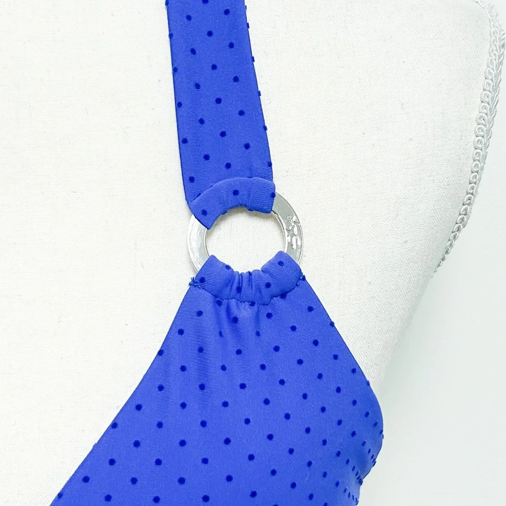 Skye Cobalt Blue Velveteen Polka Dot Halter Wireless Rings Bikini Top NWT Small